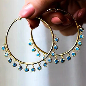 Gold Tassel Blue Crystal Hoops Earrings